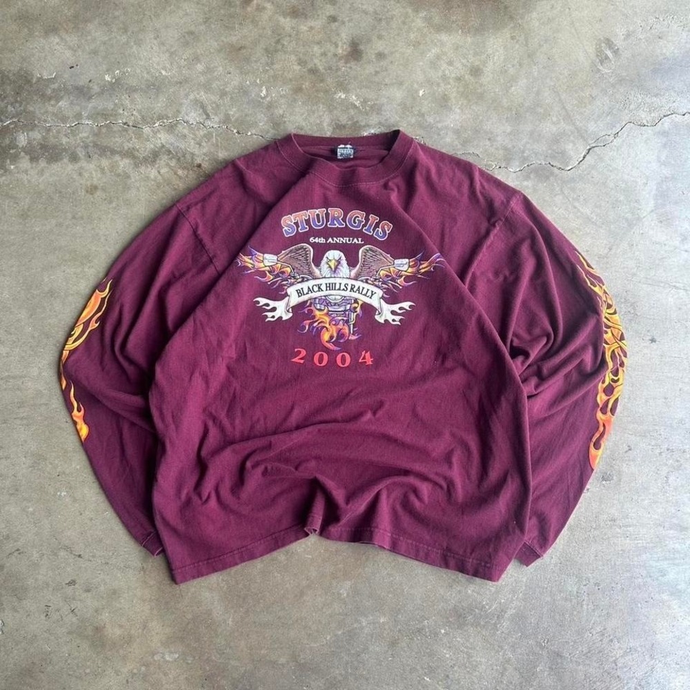 Vintage 2004 Burgundy Sturgis long sleeve shirt with flames biker grunge size xl